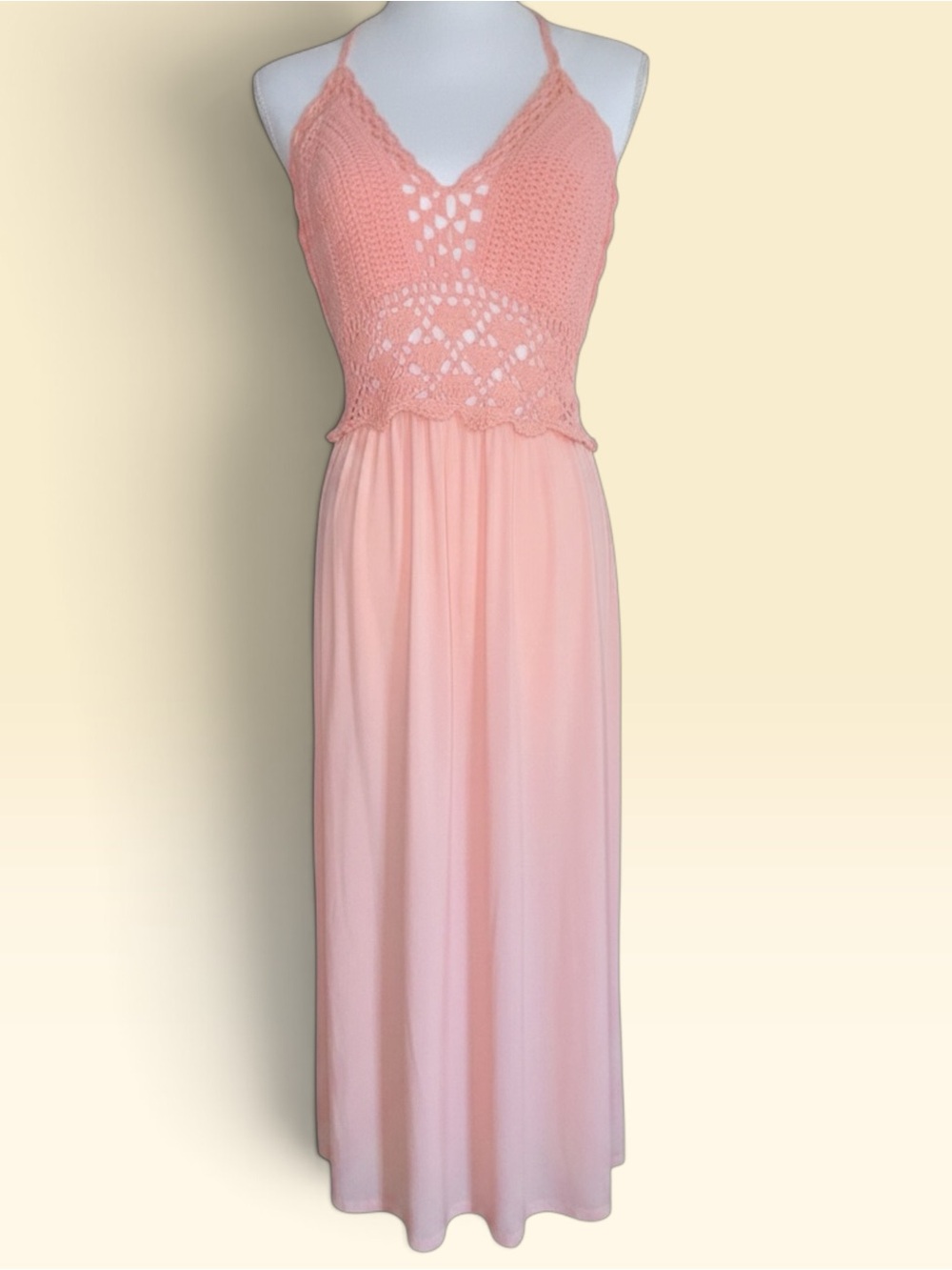 Hand-Crocheted Peach Maxi Dress with Spaghetti Straps